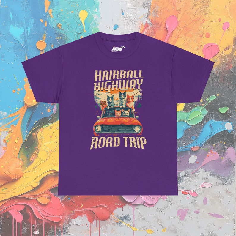 Hairball Highway Road Trip T-shirt: Cat Lover Adventure-T-shirt Purple