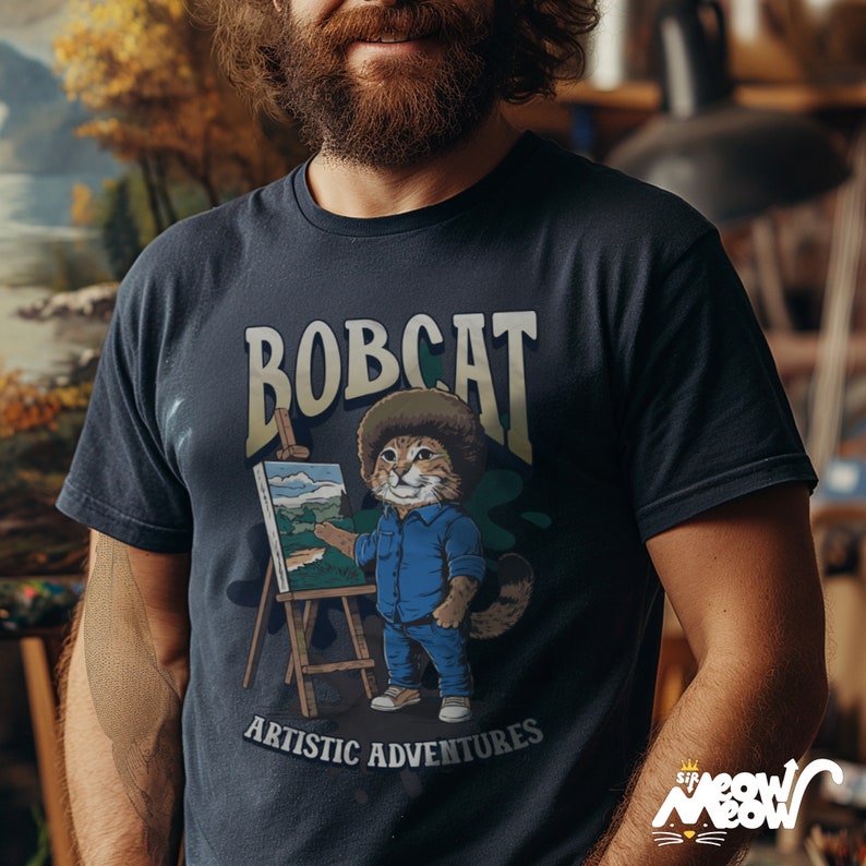 Funny Bobcat Artist T-Shirt: Cat Lover Painting Gift image 1