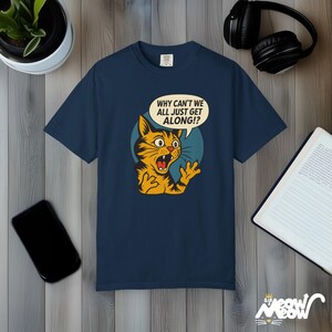 Retro Comic Cat T-Shirt: Comfort Colors Peace Graphic Tee True Navy