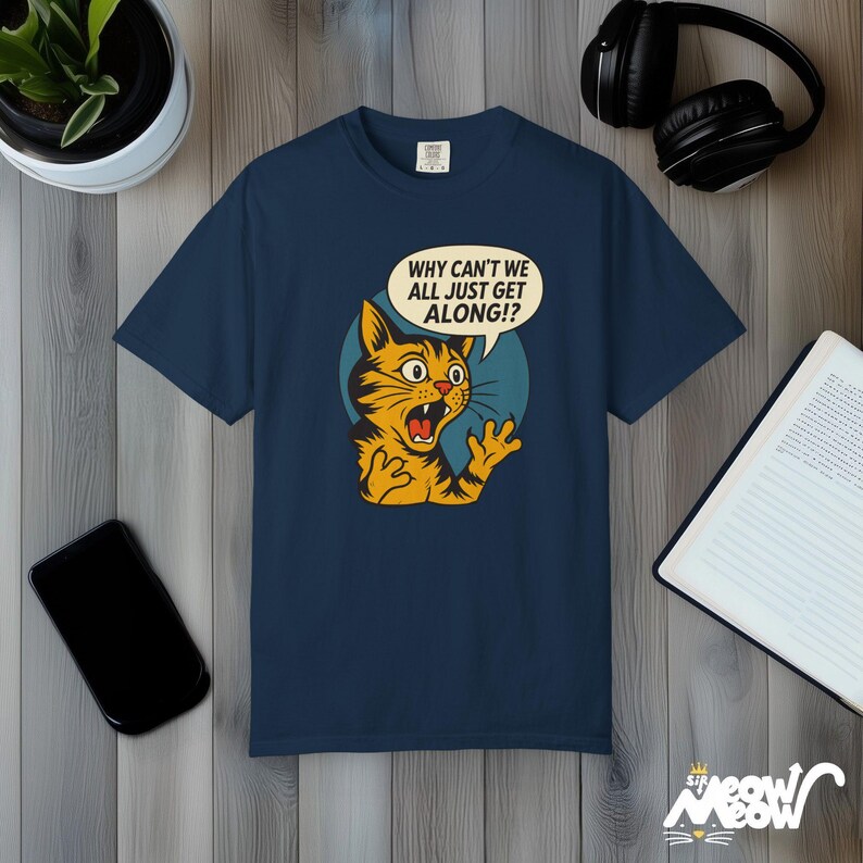 Retro Comic Cat T-Shirt: Comfort Colors Peace Graphic Tee True Navy