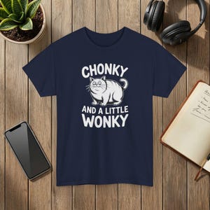 Funny Cat T-Shirt: Chonky, Wonky-Eyed Graphic Tee Navy