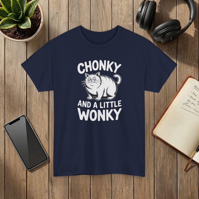 Funny Cat T-Shirt: Chonky, Wonky-Eyed Graphic Tee Navy