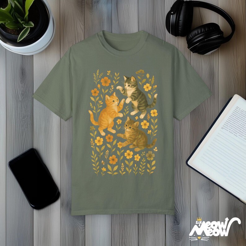 Comfort Colors Kitten T-Shirt: Vintage Floral Cat Tee, Cottagecore Gift Moss