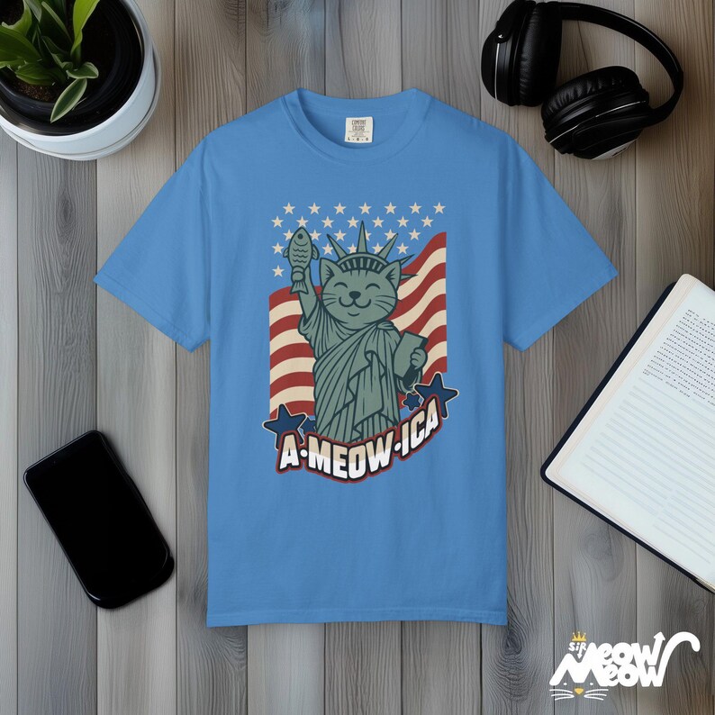 A-Meow-ica Cat T-Shirt: Patriotic Fourth of July Comfort Colors Tee Royal Caribe