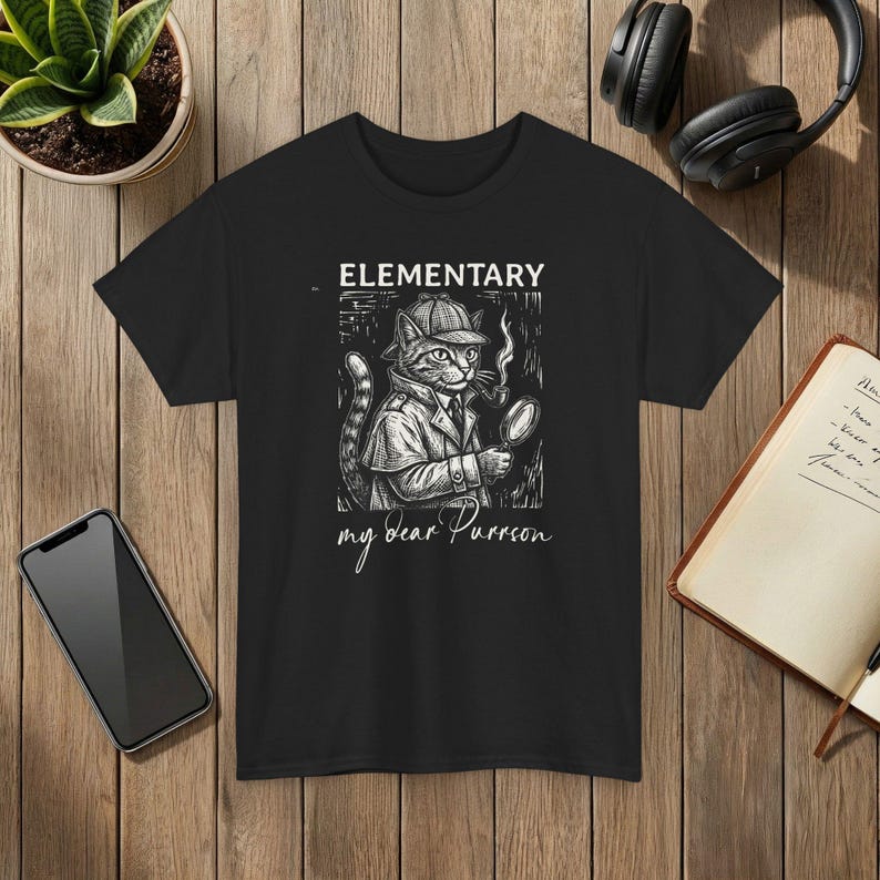 Elementary Cat Detective T-Shirt My Dear Purrson Vintage Style Graphic Tee Black