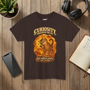 Curiosity Preserved the Cat T-Shirt, Funny Cat in Amber, Science Lover Gift Dark Chocolate