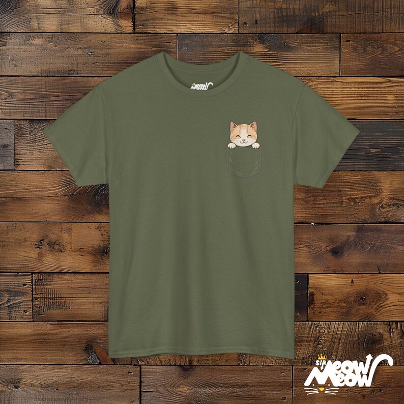 Pocket Cat T-Shirt, Kitten Peekaboo Tee, Cat Lover Gift Military Green