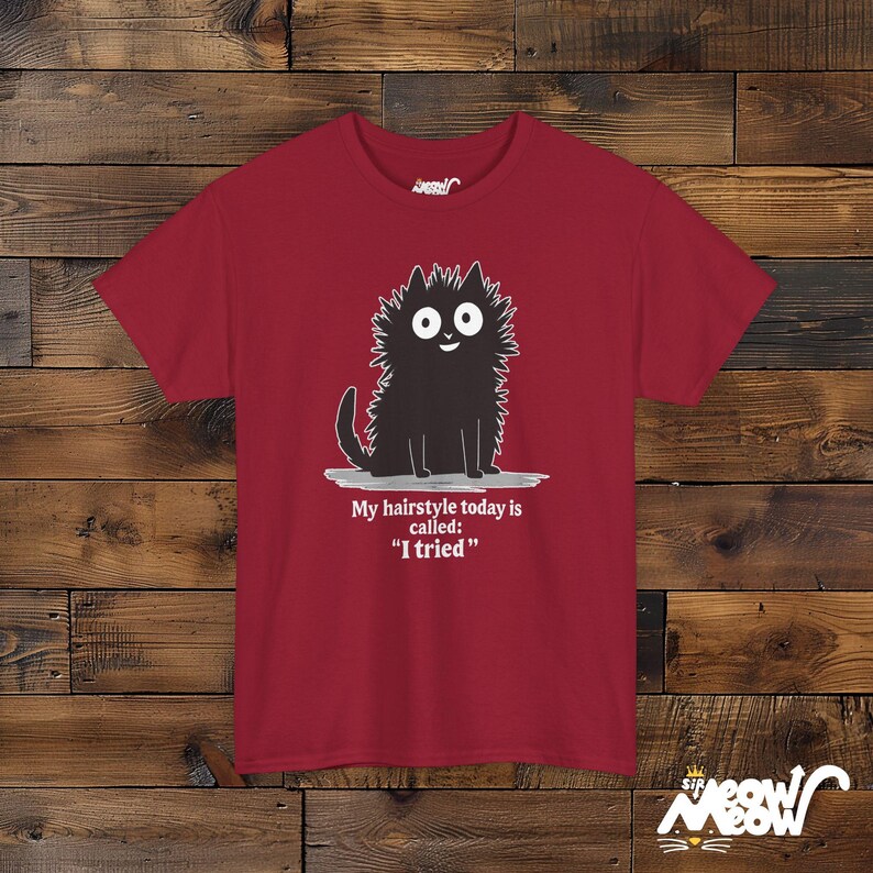 Funny Cat T-Shirt: Bad Hair Day, I Tried - Unisex Cotton Tee Cardinal Red