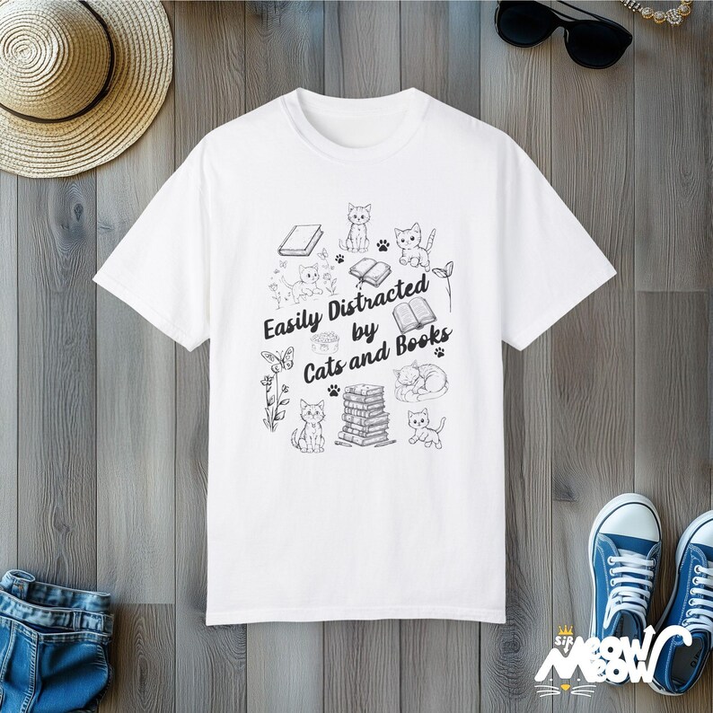 Easily Distracted by Cats and Books T-Shirt: Bookworm Cat Mom Tee White