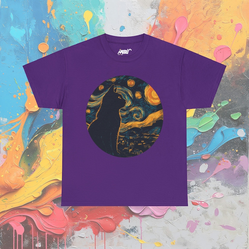 T-shirt chat nuit étoilée : t-shirt artistique inspiré de Van Gogh Purple