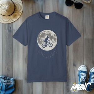 Comfort Colors Cat Moon T-Shirt: Flying Cat on Bike Graphic Tee Midnight