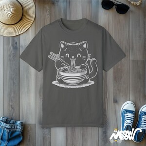 Kawaii Cat Eating Ramen T-Shirt: Comfort Colors Tee, Gift for Cat Lovers Pepper