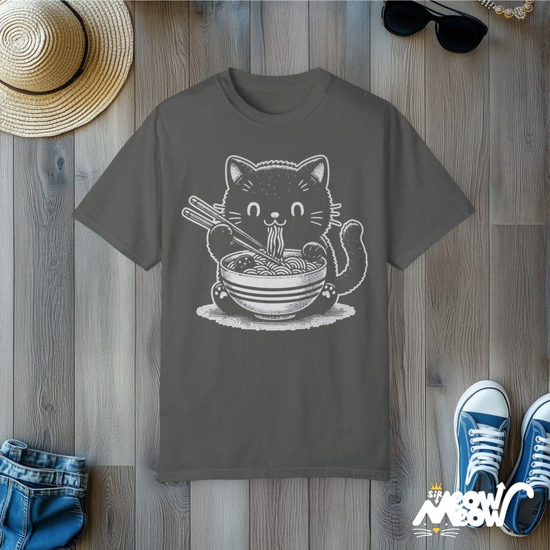 Kawaii Cat Eating Ramen T-Shirt: Comfort Colors Tee, Gift for Cat Lovers Pepper