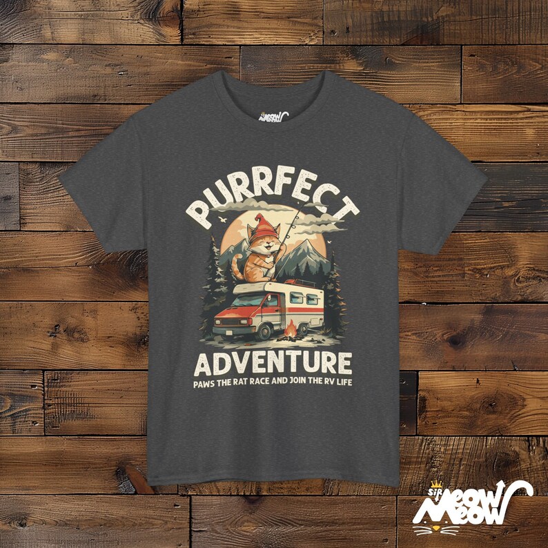 RV Cat T-Shirt: Purrfect Adventure Graphic Tee for Camping Lovers Dark Heather