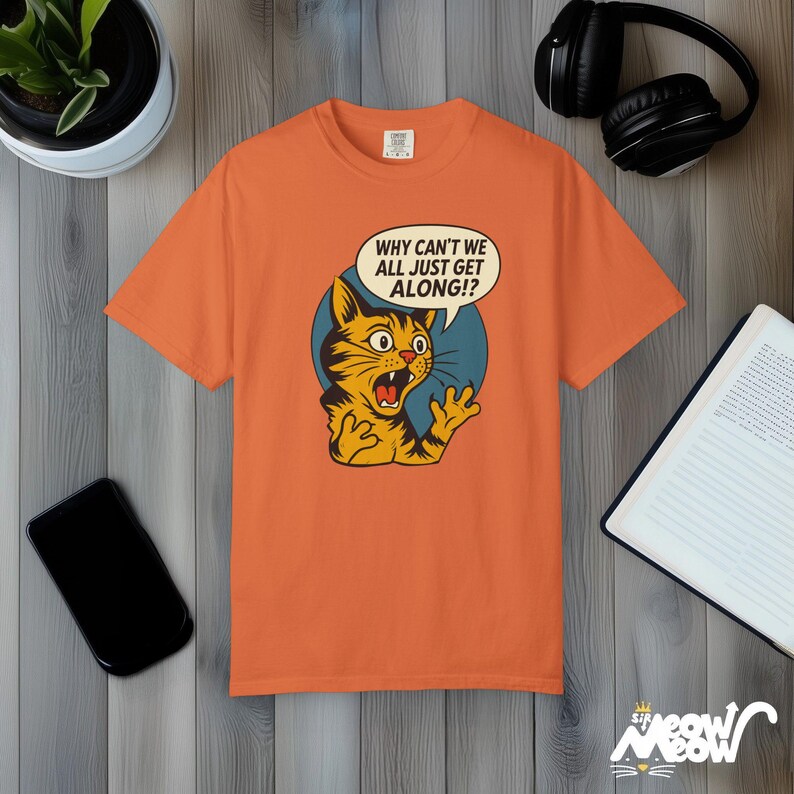 Retro Comic Cat T-Shirt: Comfort Colors Peace Graphic Tee Burnt Orange