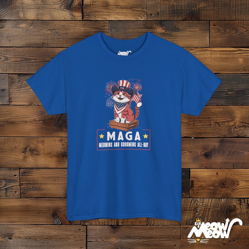 Patriotic Cat T-Shirt: Funny MAGA Meowing Design, Unisex Tee Royal