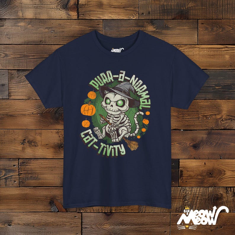 Purr-A-Normal Cat-Tivity Skeleton Cat Halloween Unisex Shirt, Fun Witchy Cat Design Navy