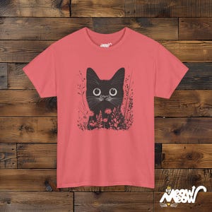 Mystical Black Cat T-Shirt - Enchanting Wildflower Cat Tee - Witchy Nature Lover Gift Coral Silk