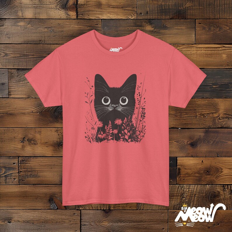 Mystical Black Cat T-Shirt - Enchanting Wildflower Cat Tee - Witchy Nature Lover Gift Coral Silk