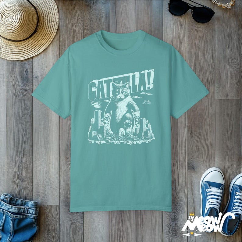 Funny Catzilla Cat T-Shirt: Comfort Colors Unisex Tee Seafoam