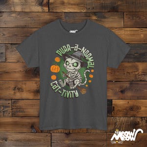Purr-A-Normal Cat-Tivity Skeleton Cat Halloween Unisex Shirt, Fun Witchy Cat Design Dark Heather