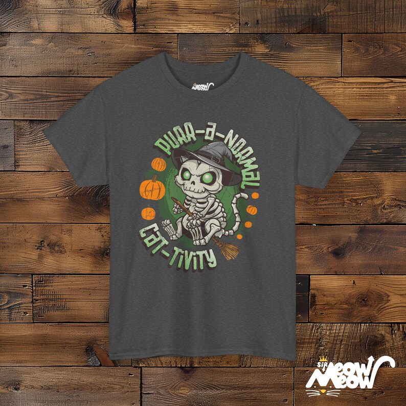 Purr-A-Normal Cat-Tivity Skeleton Cat Halloween Unisex Shirt, Fun Witchy Cat Design Dark Heather