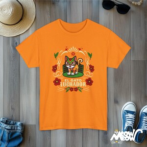 El Gato Luchador Tee: Mexican Cat Lover T-Shirt Safety Orange