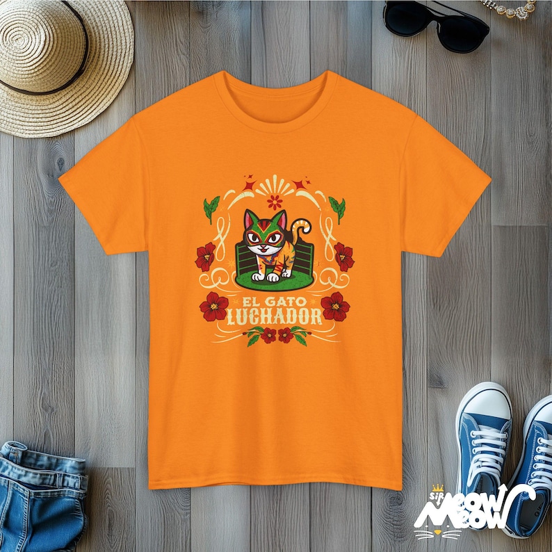 El Gato Luchador Tee: Mexican Cat Lover T-Shirt Safety Orange