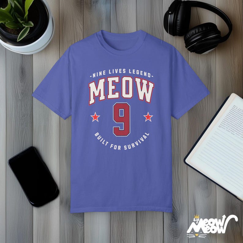 MEOW 9 Cat T-Shirt: Funny Comfort Colors Tee, Cat Lover Gift Periwinkle