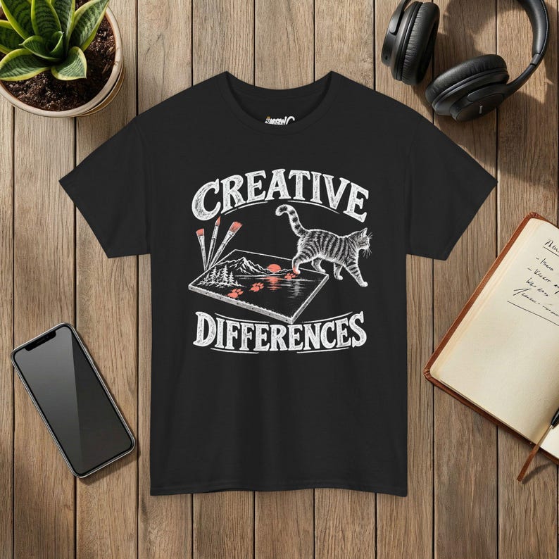 Creative Differences Cat T-Shirt, Funny Artist Cat and Paw Prints, Art Lover Gift, Gildan 5000 Black