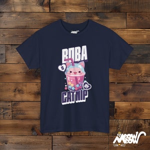 Boba Cat T-Shirt, Bubble Tea Unisex Tee Navy