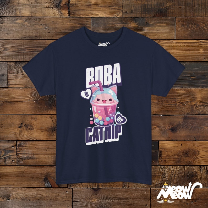 Boba Cat T-Shirt, Bubble Tea Unisex Tee Navy
