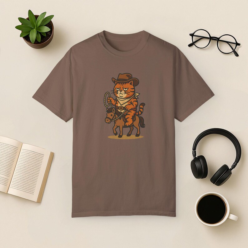 Cowboy Cat Comfort Colors Tee: Funny Rodeo Graphic T-Shirt Espresso
