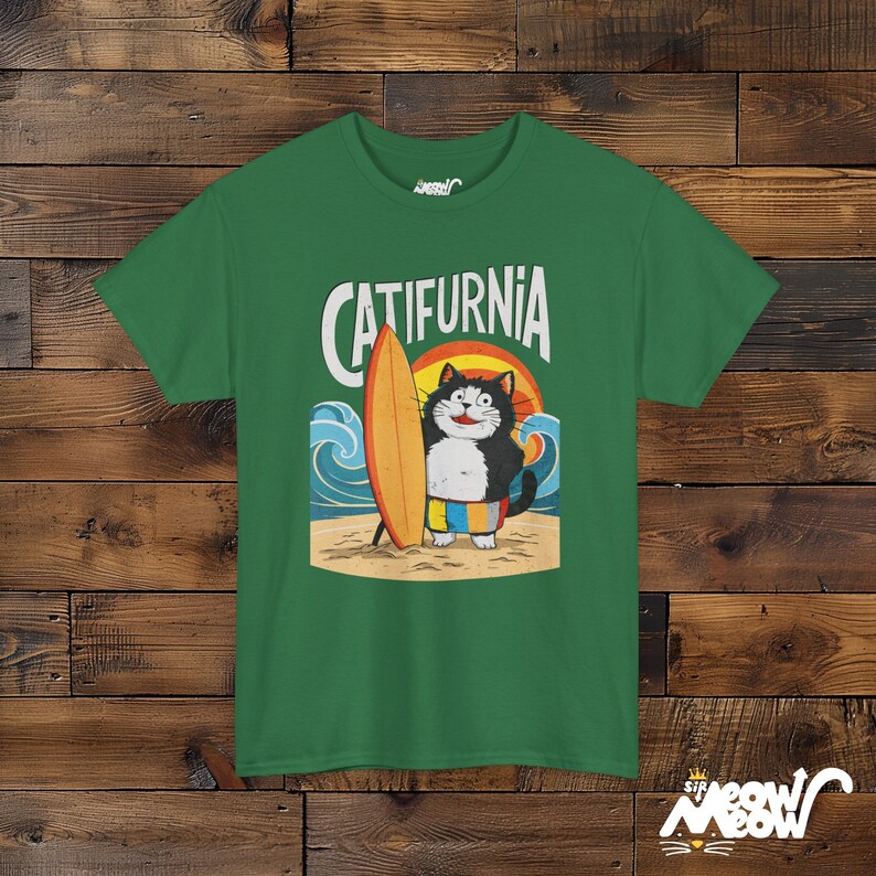 Catifurnia Unisex Shirt: Fun Surfing Cat Design, Beach Lover Gift Turf Green