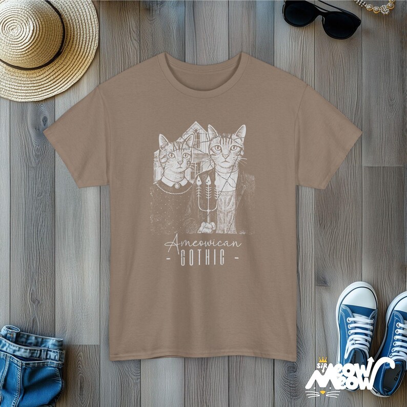 Ameowican Gothic Cat T-Shirt: Funny Art Parody Tee Brown Savana