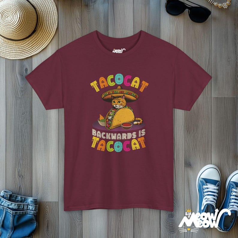 Taco Cat Palindrome T-Shirt | Funny Graphic Tee Maroon