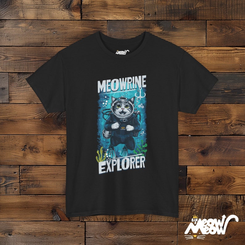 Meowrine Explorer T-Shirt: Funny Scuba Diving Cat Graphic Tee Black
