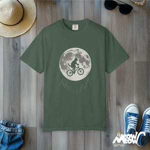 Comfort Colors Cat Moon T-Shirt: Flying Cat on Bike Graphic Tee Blue Spruce