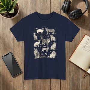 Vintage 90s Cat Breed T-Shirt: Retro Tattoo Style Navy