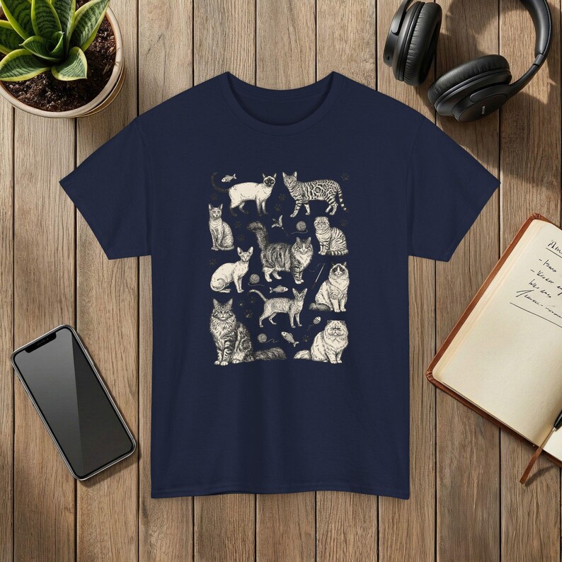 Vintage 90s Cat Breed T-Shirt: Retro Tattoo Style Navy