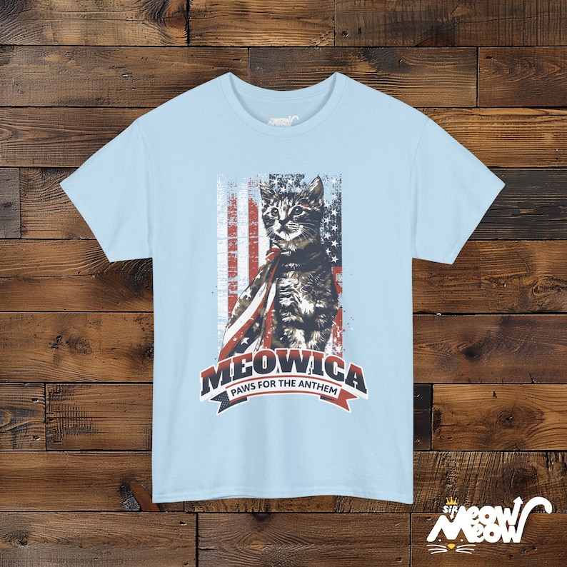 Meowica Cat T-Shirt: Patriotic 4th of July Kitten Tee Light Blue