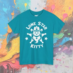 Kat T-shirt met Texas-thema, leuk katachtig grafisch T-shirt, casual westerse kleding, uniek cadeau voor huisdierenliefhebbers Tropical Blue