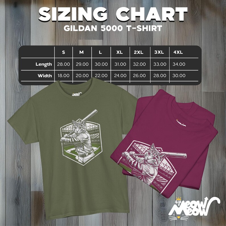 May include: Sizing chart for Gildan 5000 T-shirts, showing measurements in inches for length and width. Sizes range from S to 4XL.