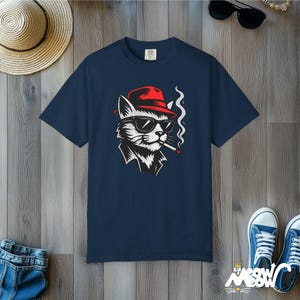 Cool Cat Fedora T-Shirt, Smoking Cat Lover Gift, Comfort Colors Unisex Tee True Navy