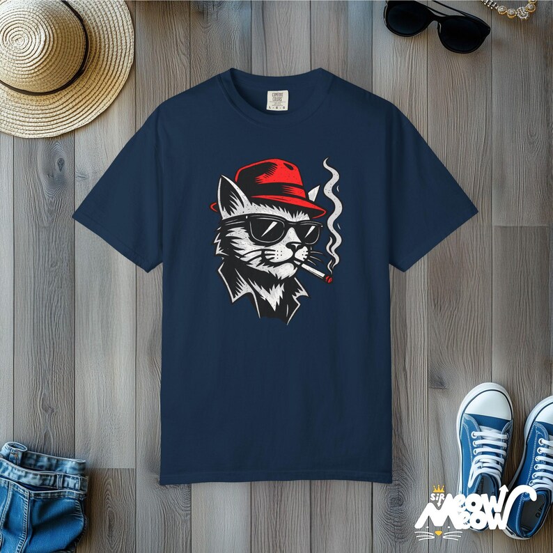 Cool Cat Fedora T-Shirt, Smoking Cat Lover Gift, Comfort Colors Unisex Tee True Navy
