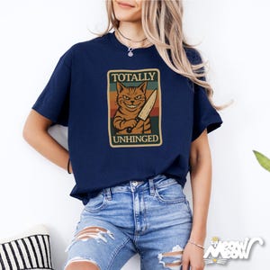 Unhinged Cat Knife T-Shirt: Funny Psycho Cat, Retro Style Navy