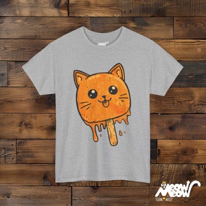 Funny Melting Cat Popsicle T-Shirt, Summer Graphic Tee Sport Grey