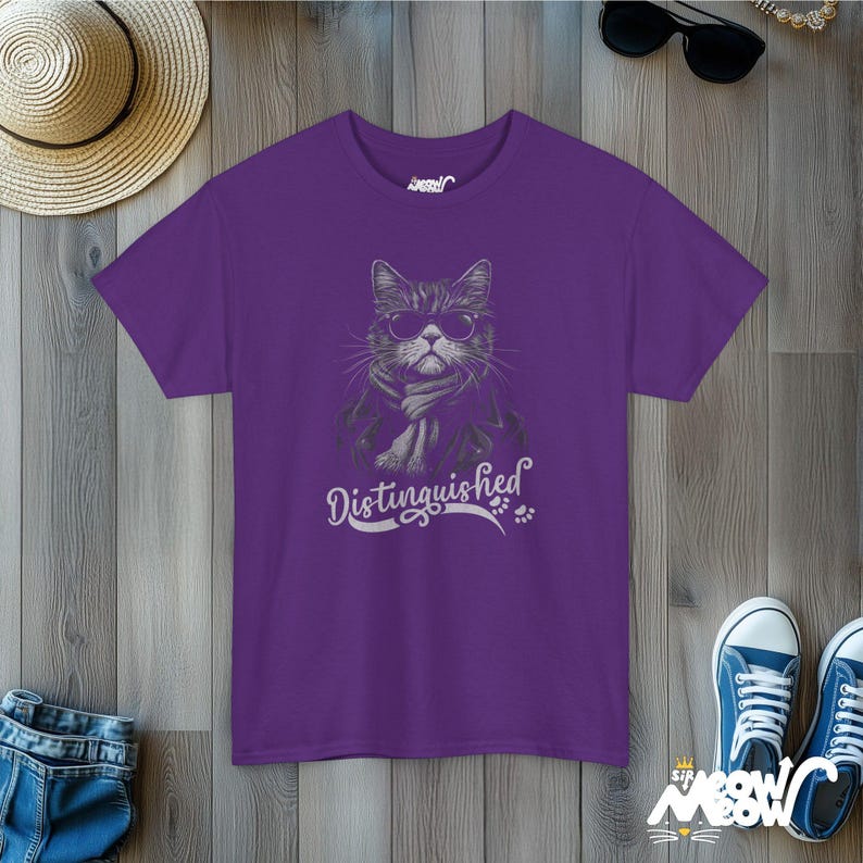 Distinguished Cat T-Shirt: Sunglasses & Scarf, Cat Lover Gift Purple