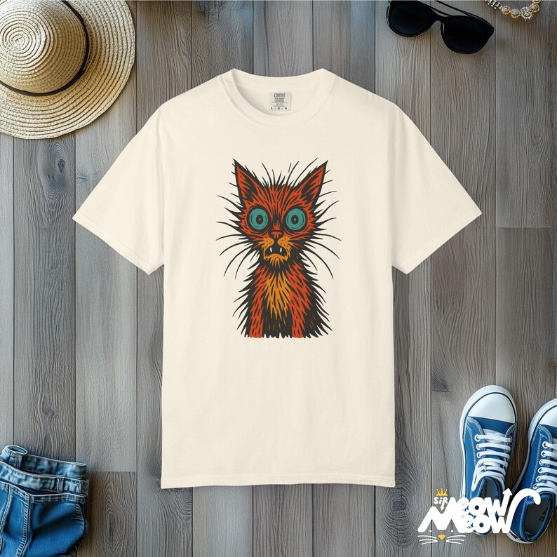 Retro Woodcut Cat T-Shirt: Scruffy Comfort Colors Tee Ivory