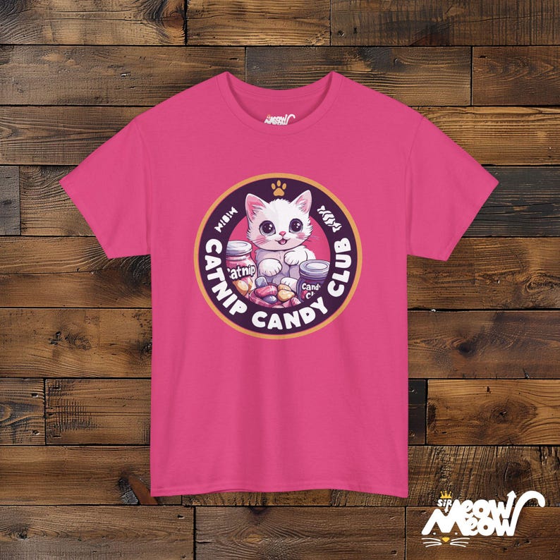 Catnip Candy Club T-Shirt - Funny Cat Lover Gift - Whimsical Kitten Design Heliconia